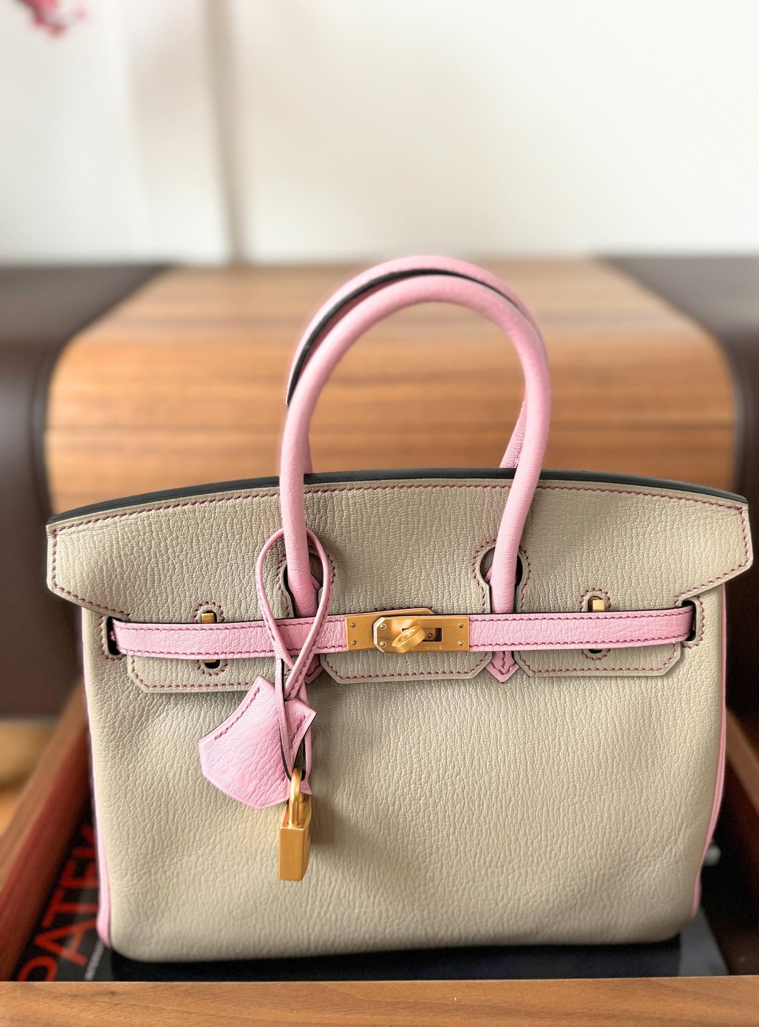 Hermes Birkin 25 HSS Gris Tortuelle / 5P Bubblegum Pink Chevre Brushed Gold HW en vente 15