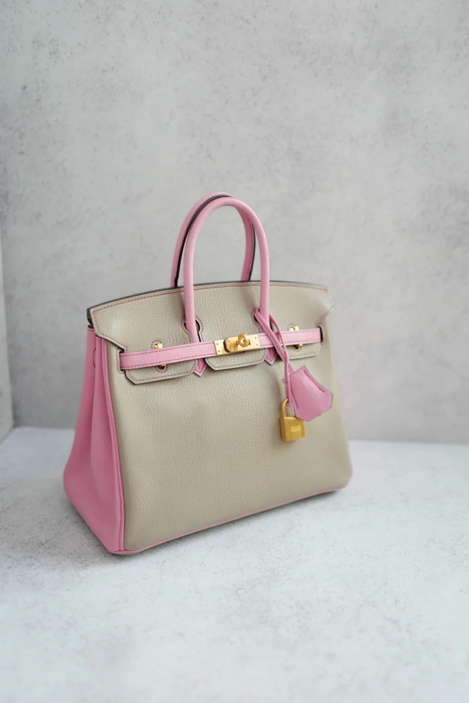 Marron Hermes Birkin 25 HSS Gris Tortuelle / 5P Bubblegum Pink Chevre Brushed Gold HW en vente