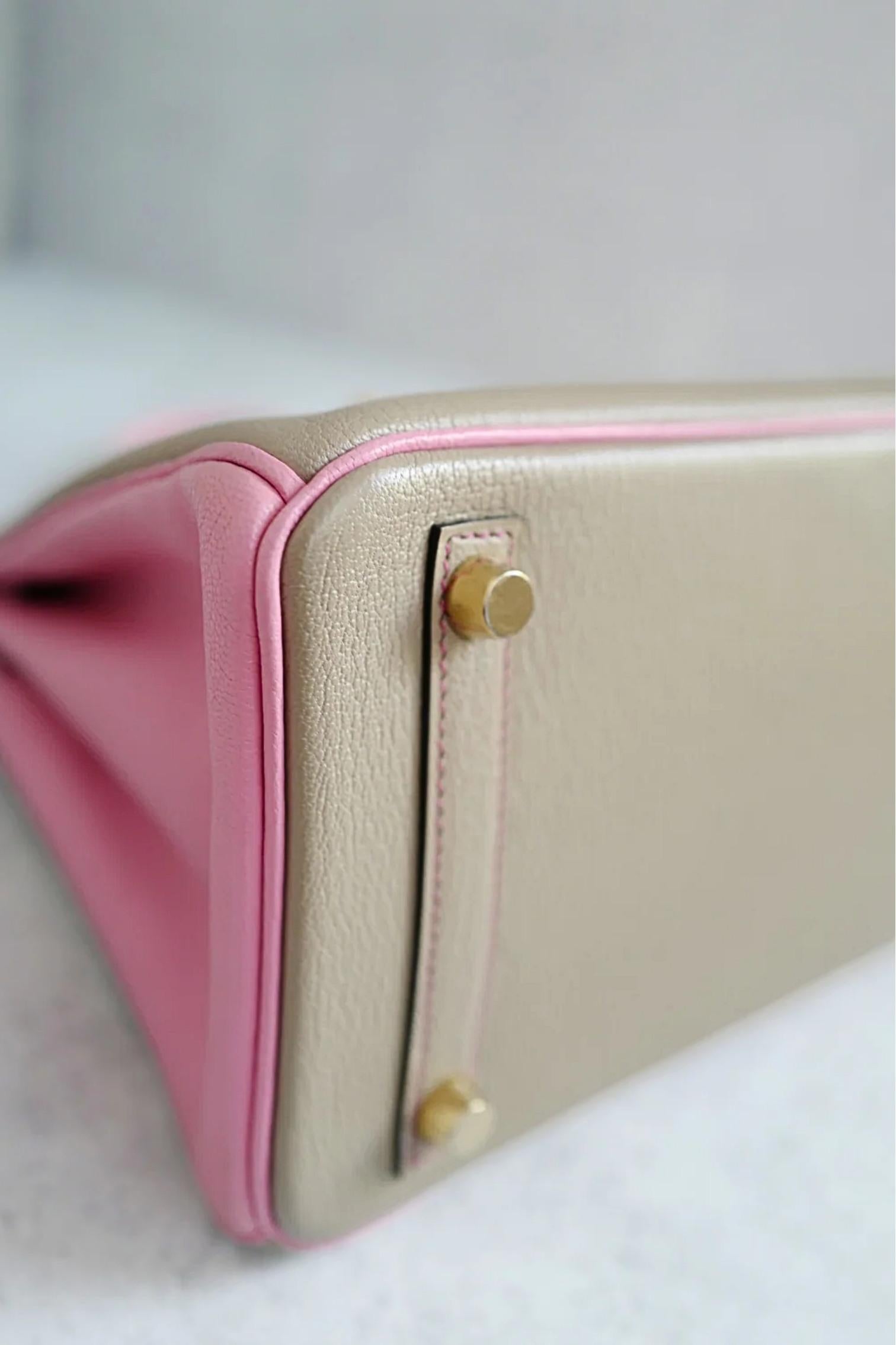Hermes Birkin 25 HSS Gris Tortuelle / 5P Bubblegum Pink Chevre Brushed Gold HW en vente 3