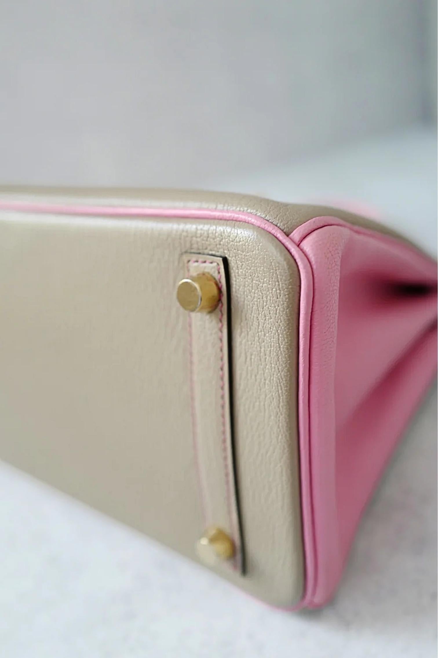 Hermes Birkin 25 HSS Gris Tortuelle / 5P Bubblegum Pink Chevre Brushed Gold HW en vente 4