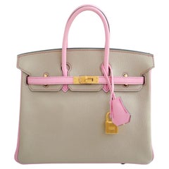 Hermes Birkin 25 HSS Gris Tortuelle / 5P Bubblegum Pink Chevre Brushed Gold HW