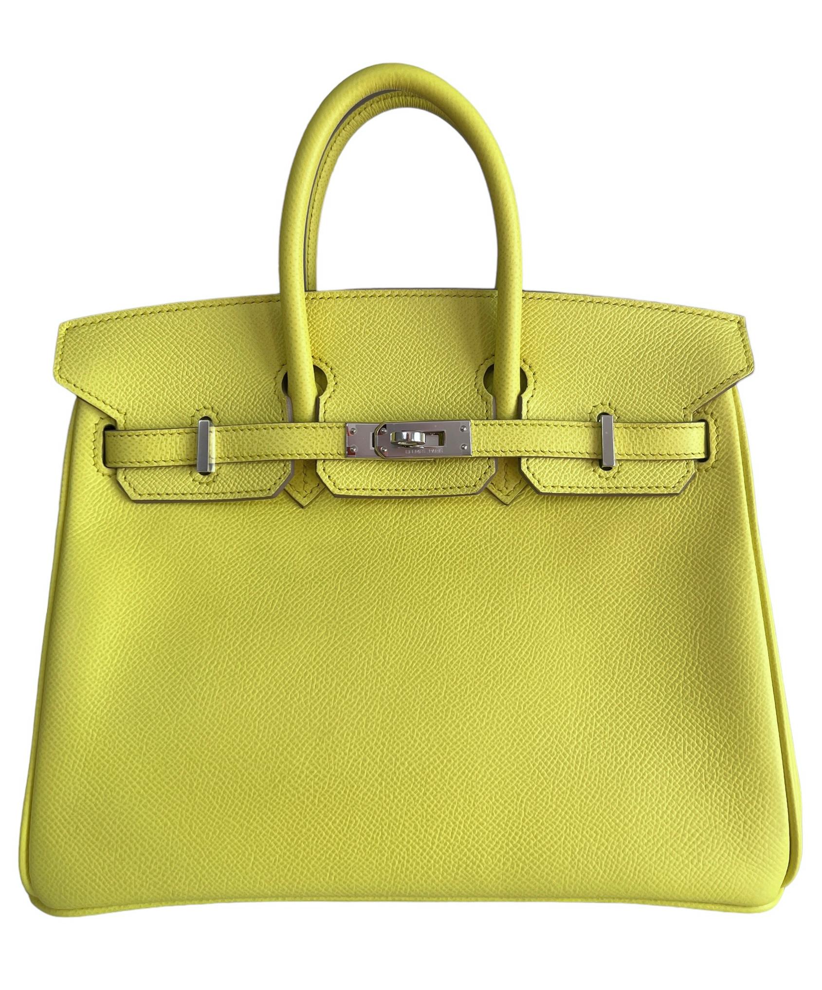 Stunning Rare Hermes Birkin 25 Lime Yellow Epsom Leather Complimented by Palladium Hardware. Excellent Condition with Plastic on Hardware. Excellent corners, structure and interior. 

Shop with Confidence from Lux Addicts. We are a very well known