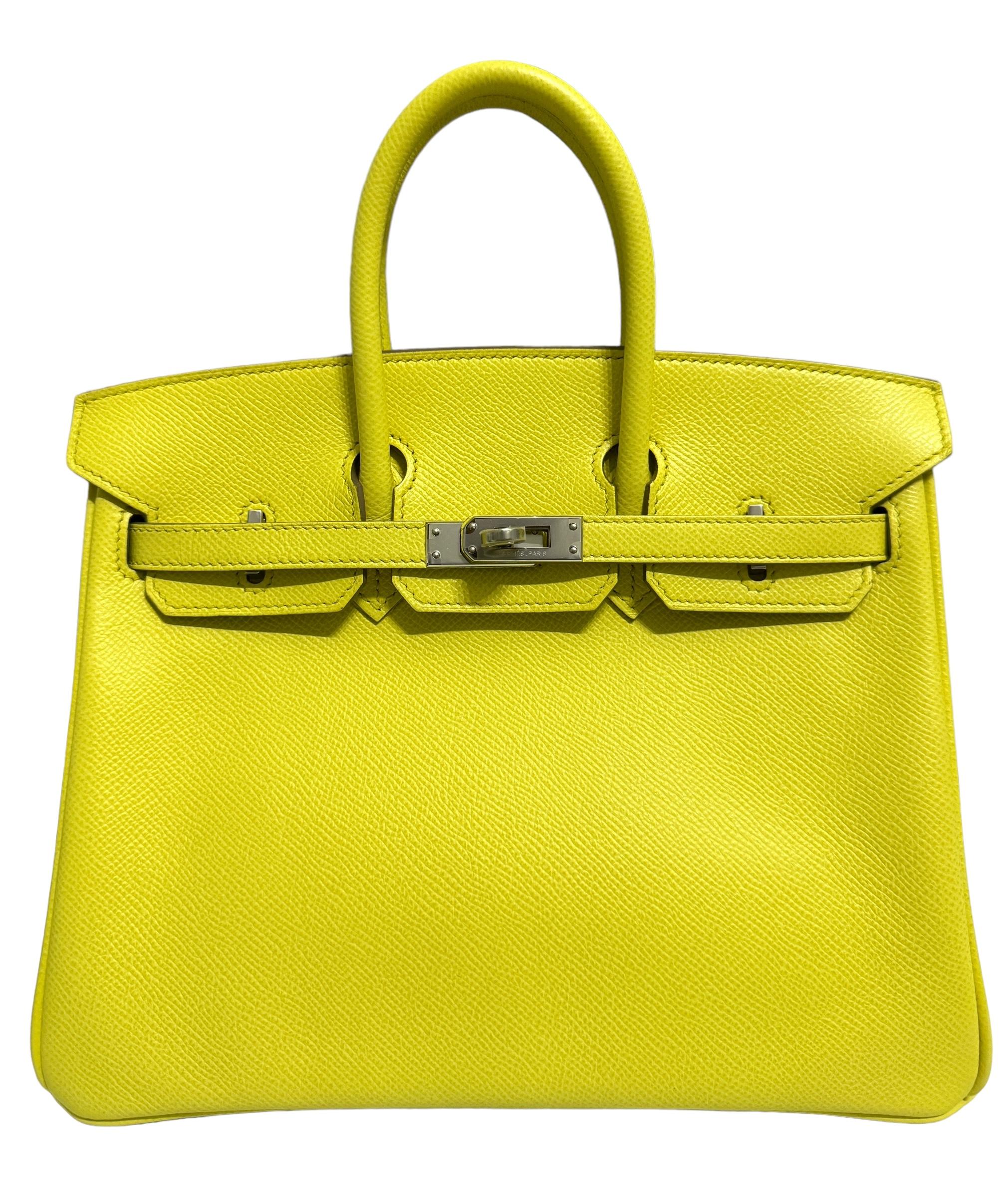 Absolutely Stunning Rare Hermes Birkin 25 Lime Epsom Leather complimented by Palladium Hardware. Excellent Pristine Condition with Plastic on Hardware. Q Stamp 2013. 

Shop with Confidence from Lux Addicts. We are a very well known and highly