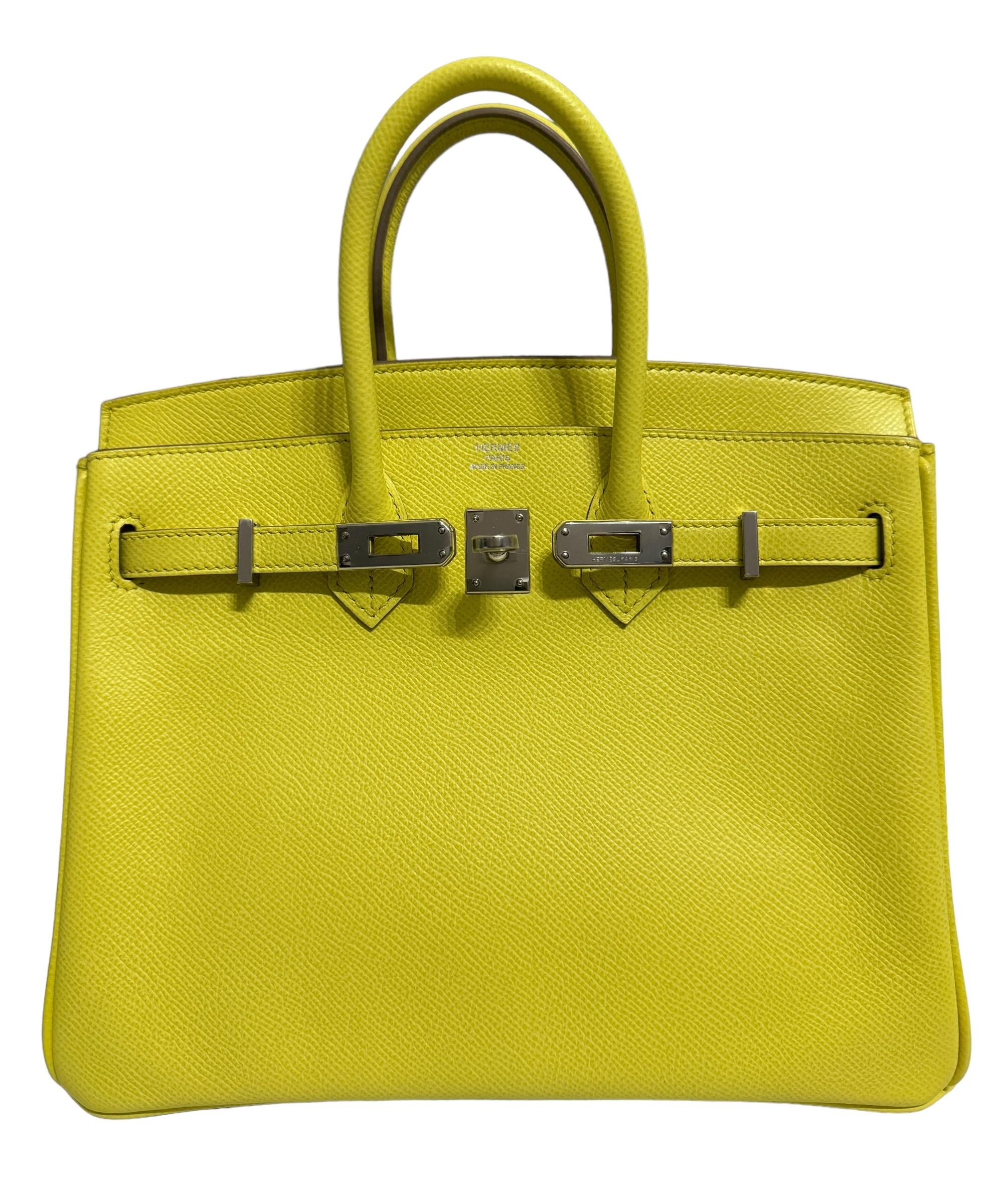 Hermes Birkin 25 Lime Yellow Epsom Leather Palladium Hardware In Excellent Condition In Miami, FL