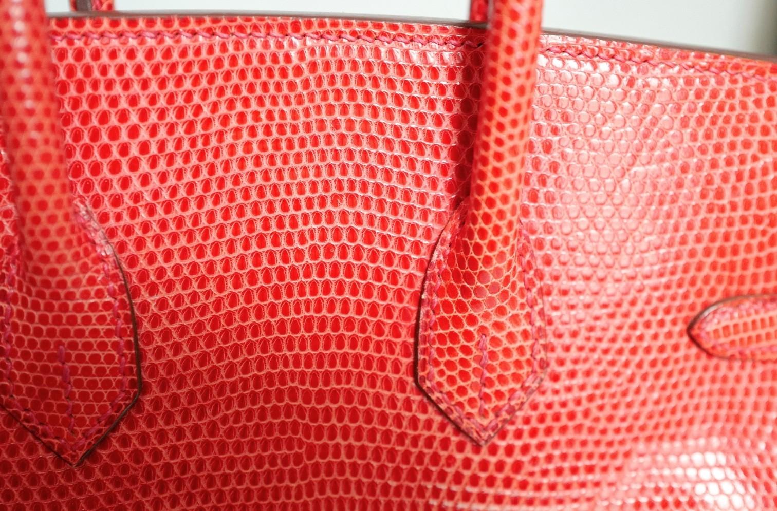 Hermes Birkin 25 Lizard In Bougainvillea Red With Palladium HW en venta 7