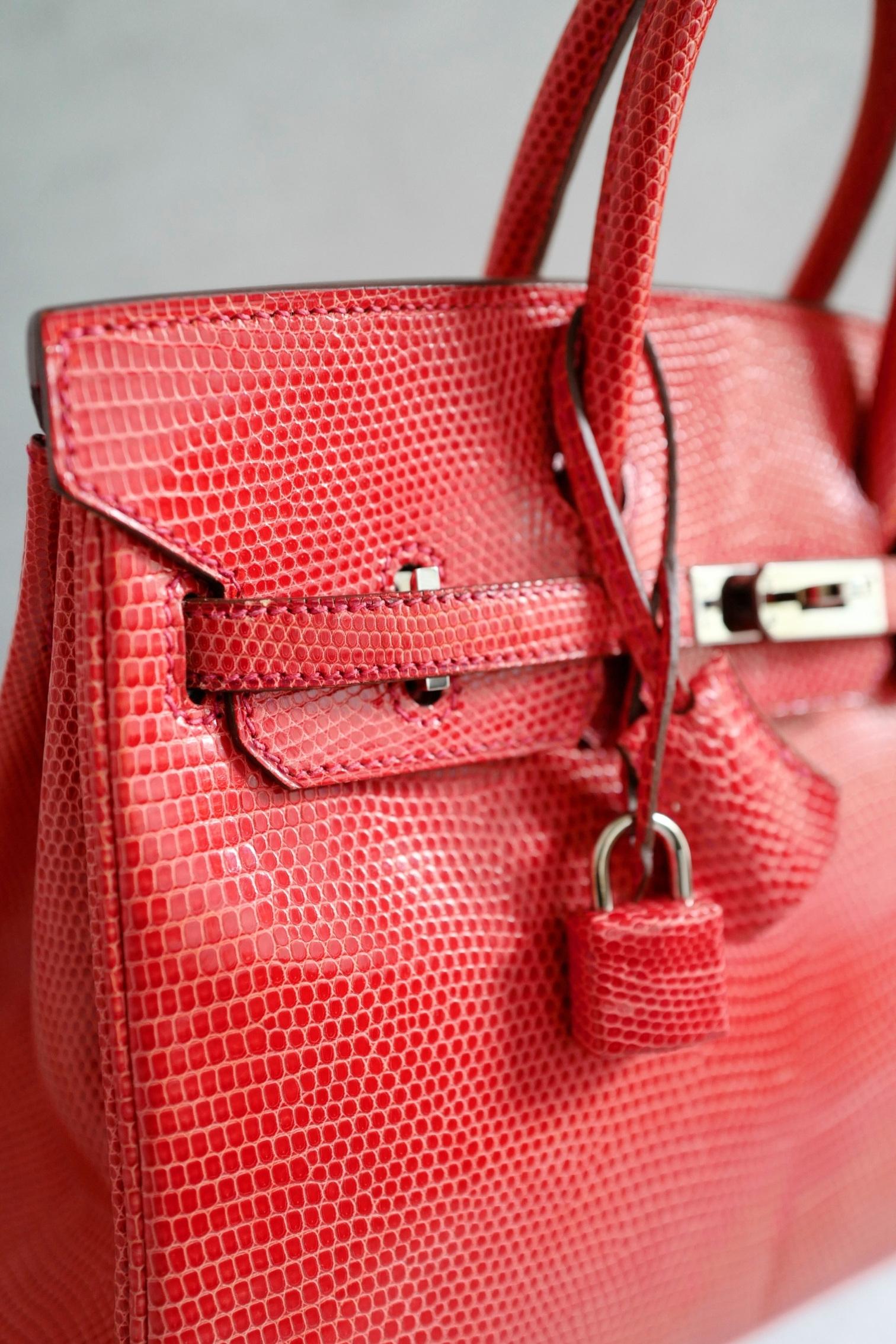 Hermes Birkin 25 Lizard In Bougainvillea Red With Palladium HW en venta 8