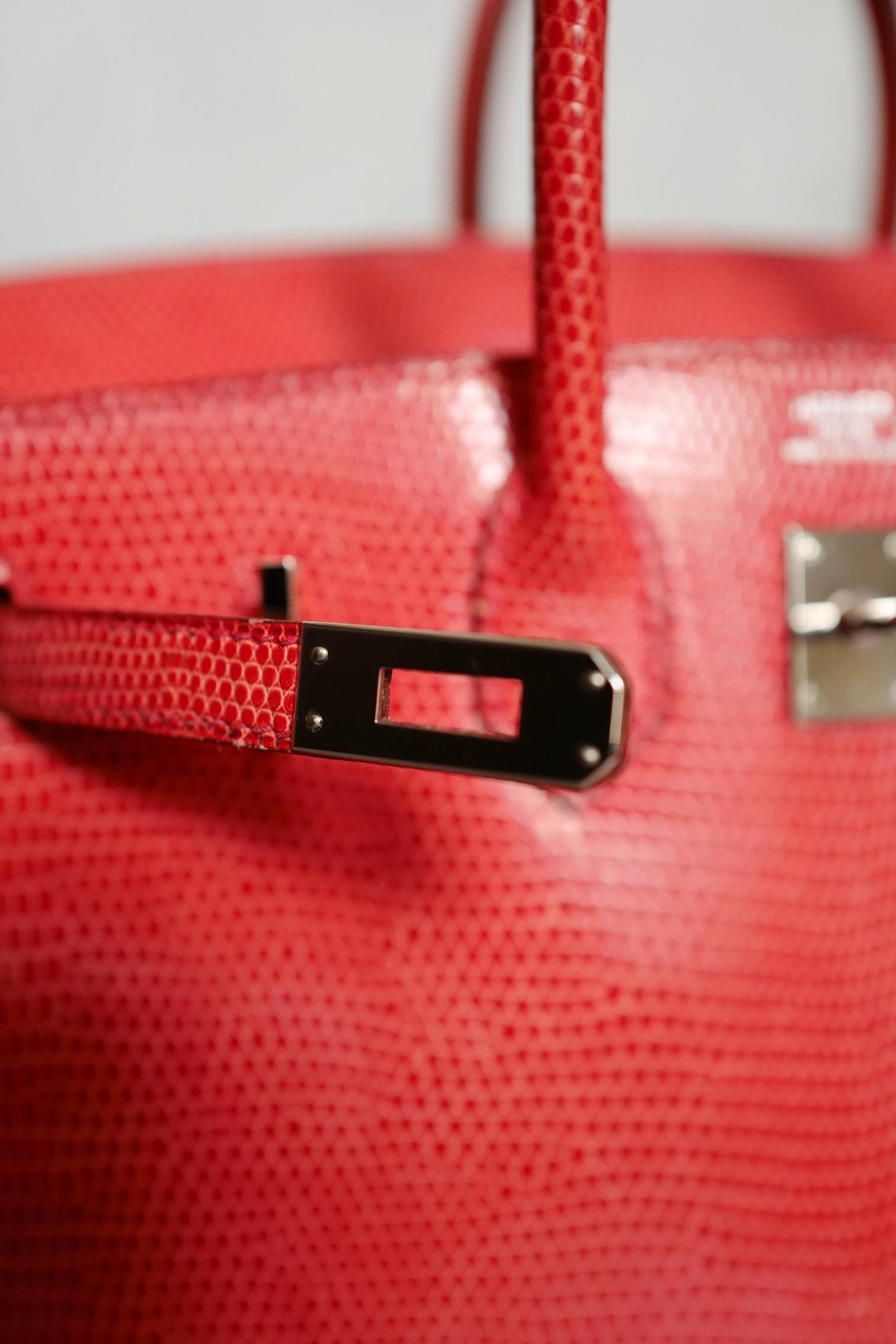Hermes Birkin 25 Lizard In Bougainvillea Red With Palladium HW en venta 9