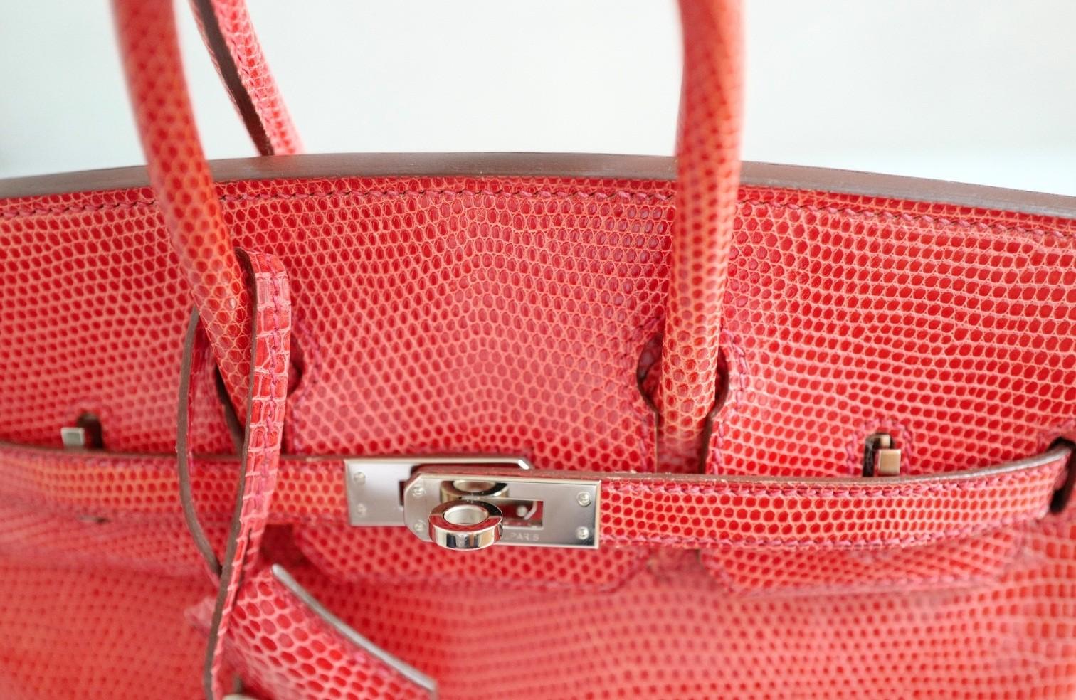 Hermes Birkin 25 Lizard In Bougainvillea Red With Palladium HW en venta 10
