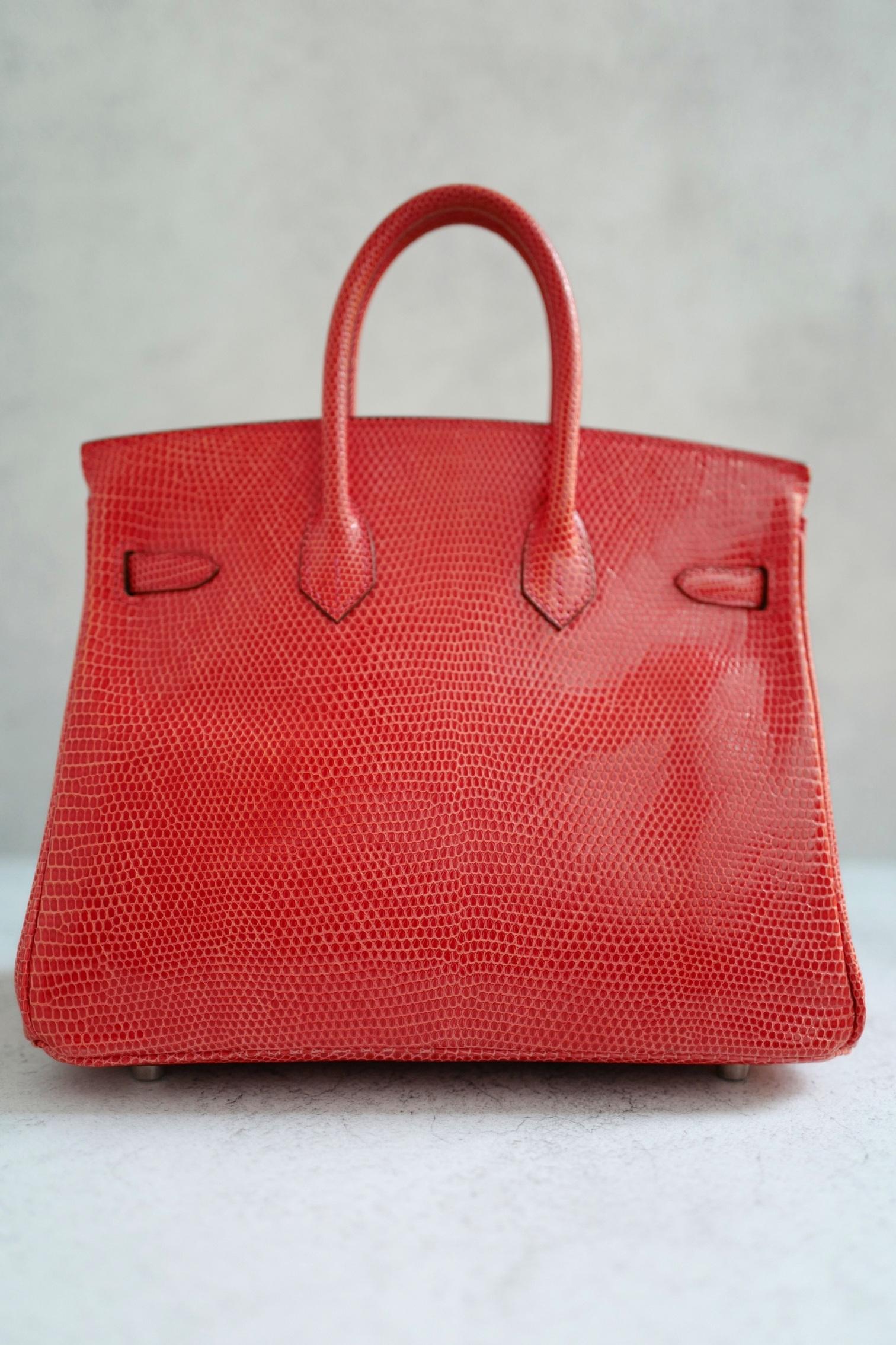 Hermes Birkin 25 Lizard In Bougainvillea Red With Palladium HW en venta 13