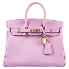 Hermès Birkin 25 Mauve Sylvestre Swift in pelle con finiture in oro rosa