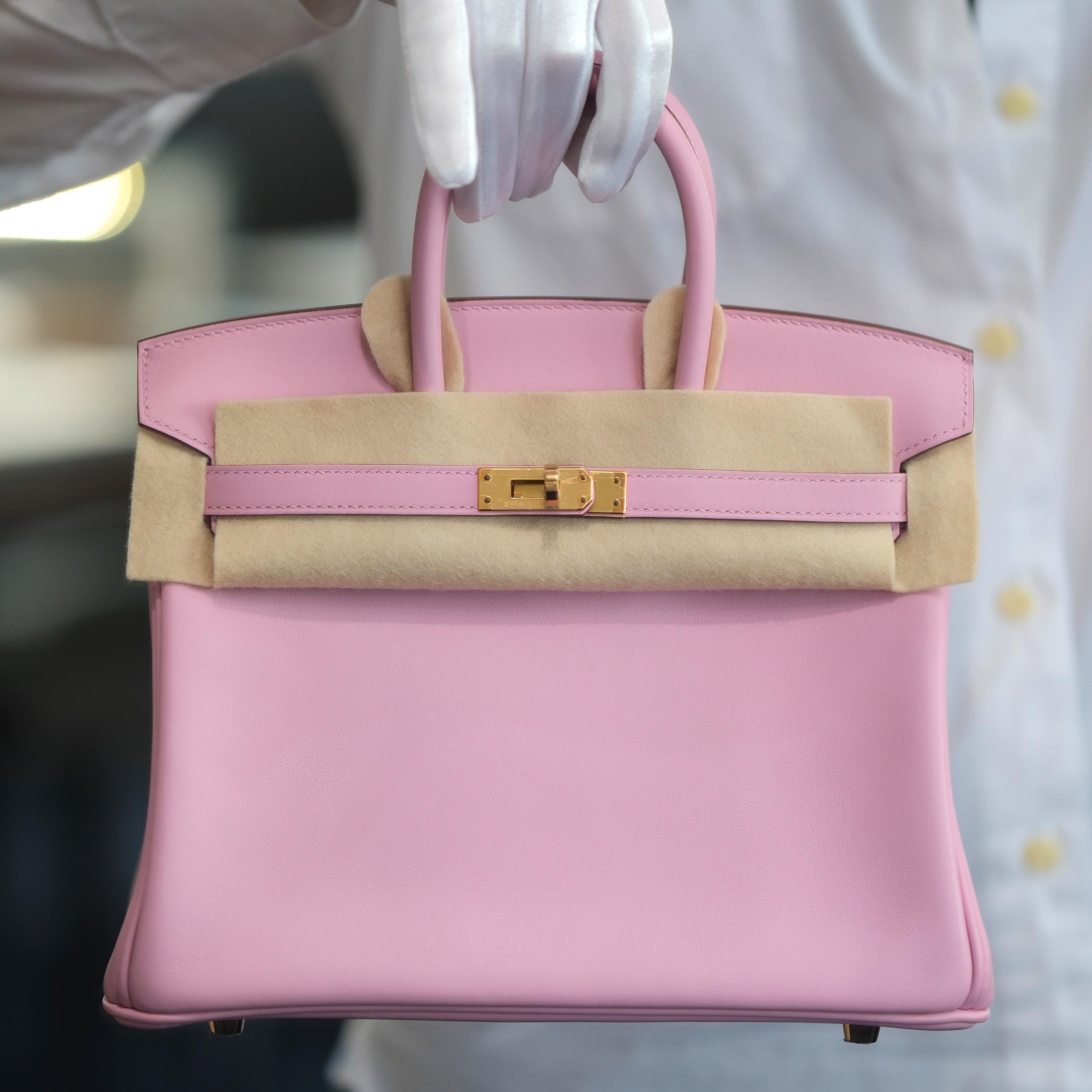 Or Hermes Birkin 25 Mauve Sylvestre Swift avec quincaillerie en or rose en vente