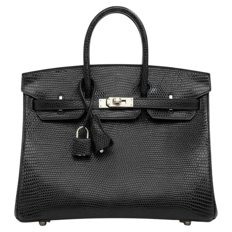 Hermès Birkin 25 Noir Black Lizard Lisse Exotic with Palladium Hardware K in vendita