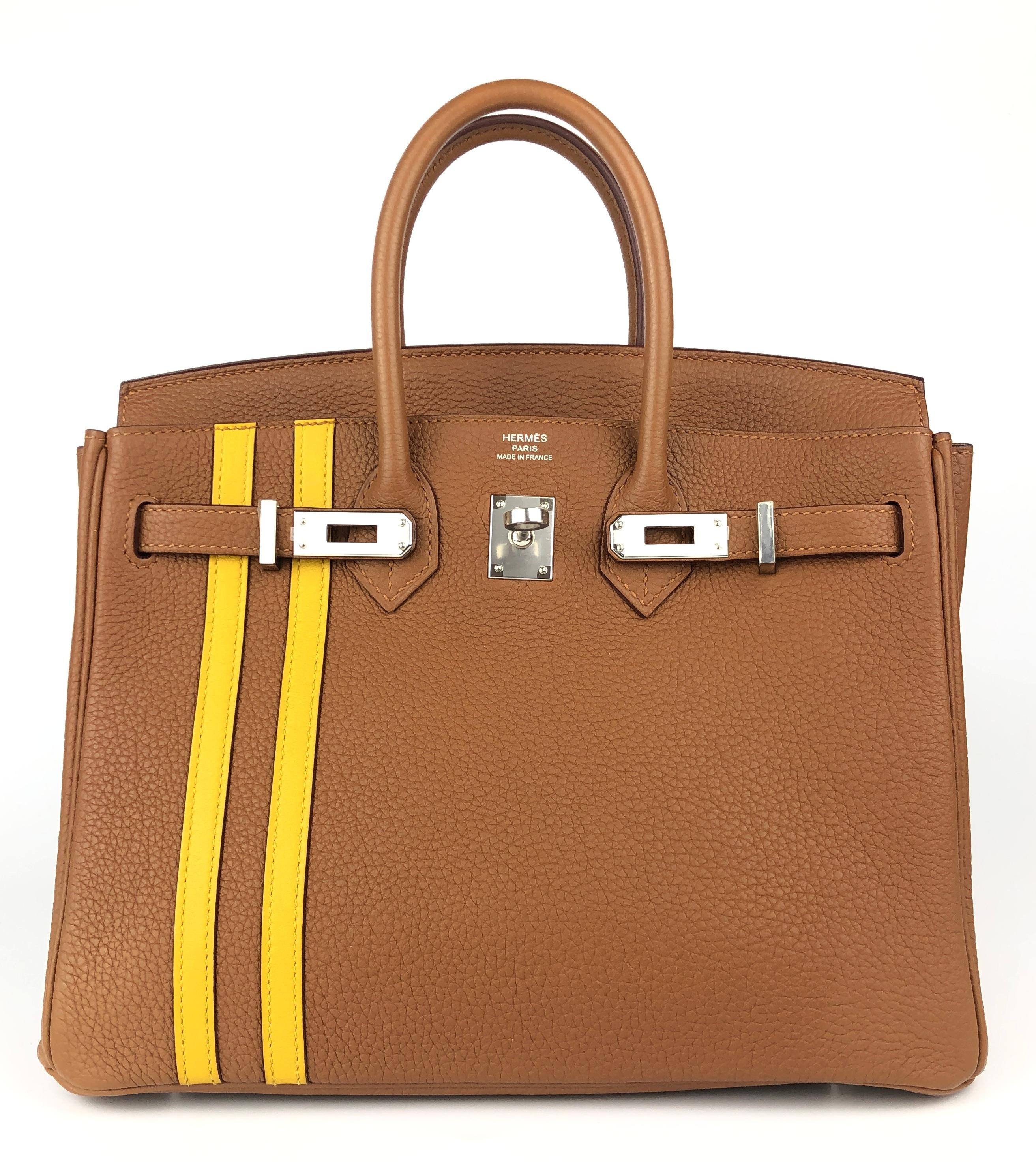 Absolutely Stunning and One The Most Coveted and Difficult to get Hermes Combos! Limited Edition Hermes Birkin 25 Officer Gold Togo and June Ambre Yellow Leather complimented by Palladium Hardware. C Stamp 2018. Pristine Condition Almost Like New.