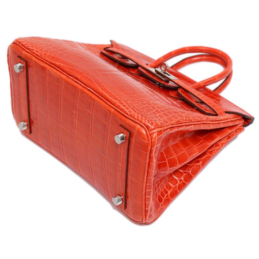 Red Hermes Birkin 25 Orange Crocodile Exotic Top Handle Satchel Tote Bag