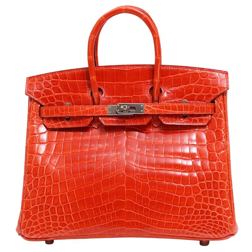 Hermes Birkin 25 Orange Crocodile Exotic Top Handle Satchel Tote Bag