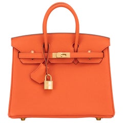 Hermes Birkin 25 Orange Feu Togo Bag Gold Jewel Y Stamp, 2020