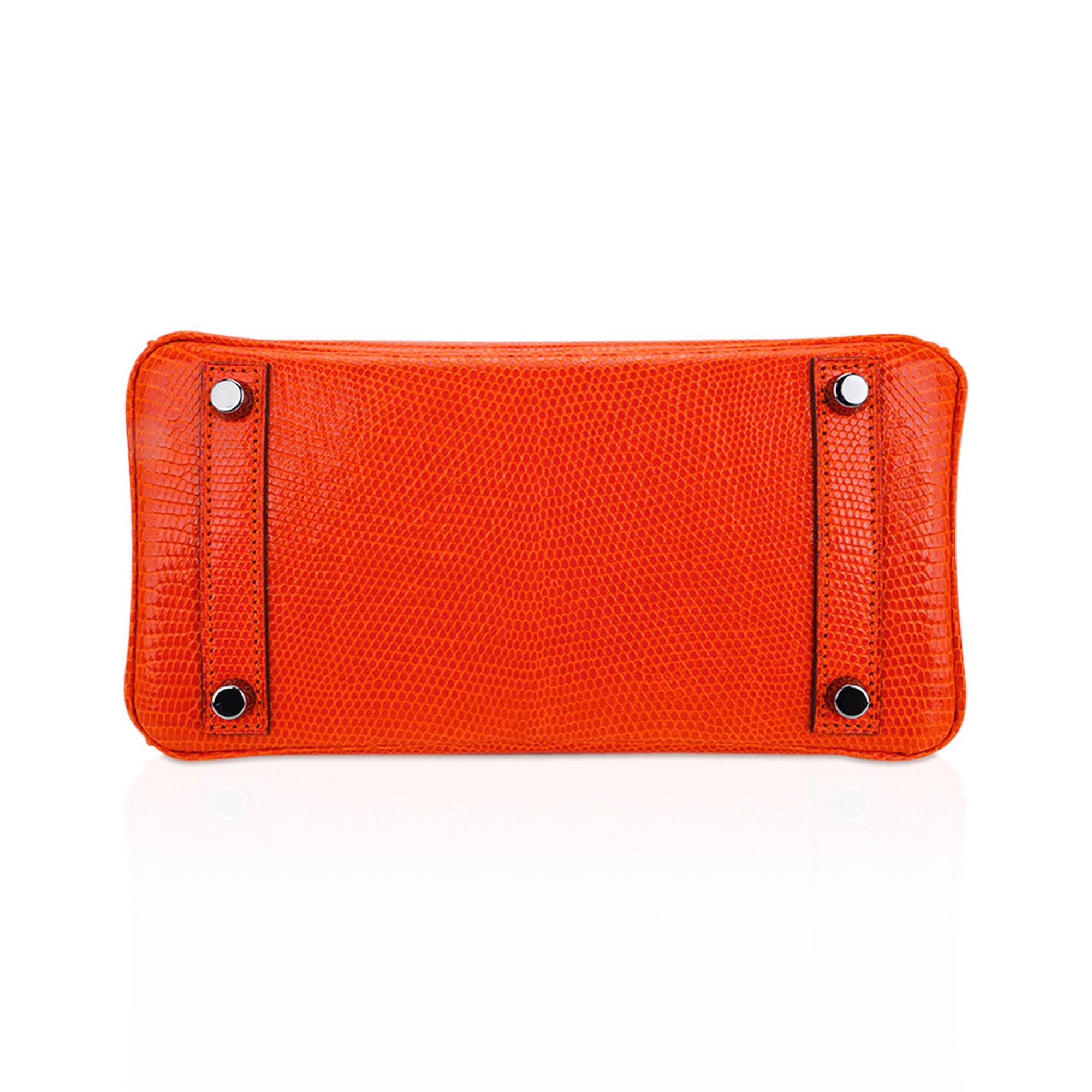 Hermes Birkin 25 Orange Tangerine Lizard Limited Edition Bag Ruthenium Hardware For Sale 6