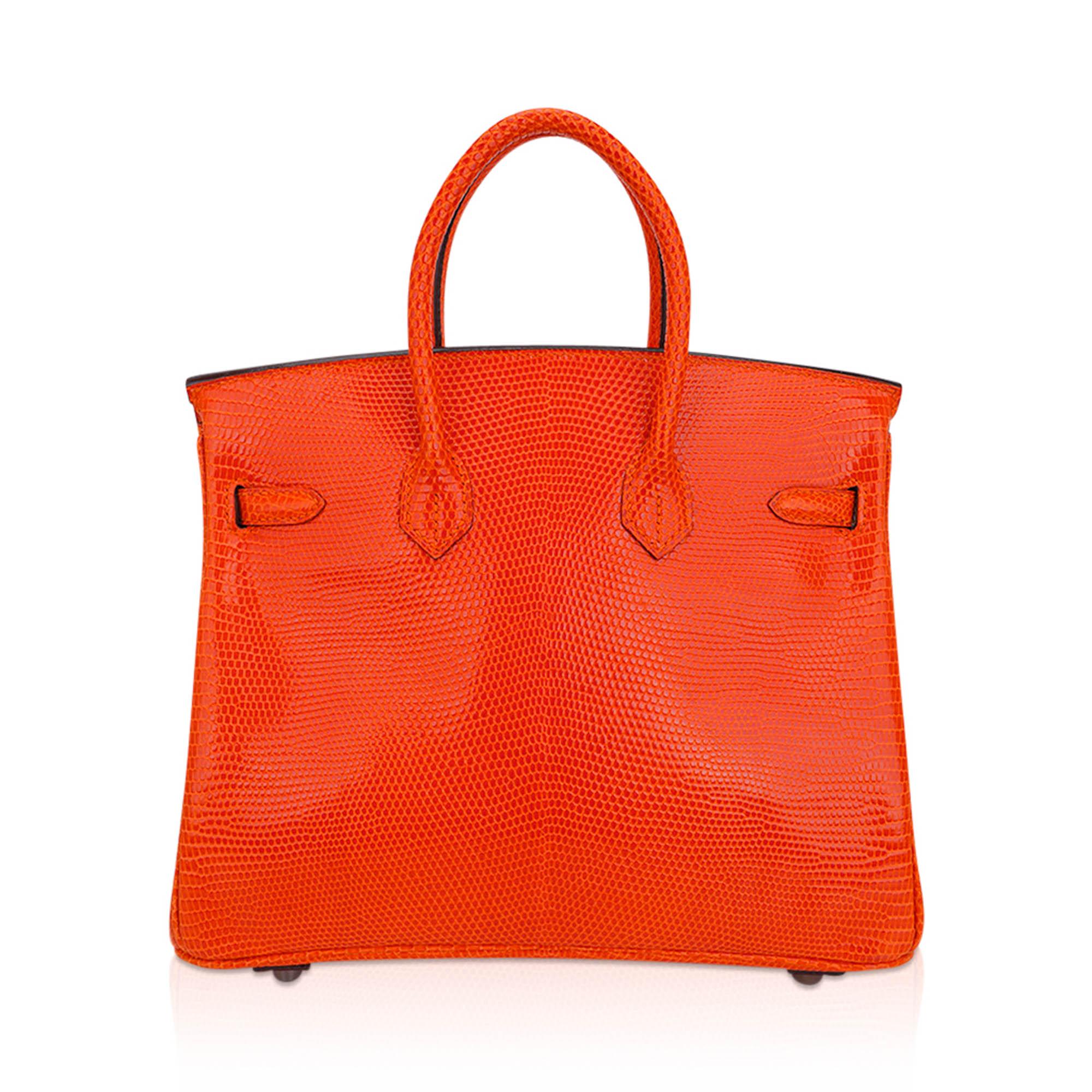 Hermes Birkin 25 Orange Tangerine Lizard Limited Edition Bag Ruthenium Hardware For Sale 2