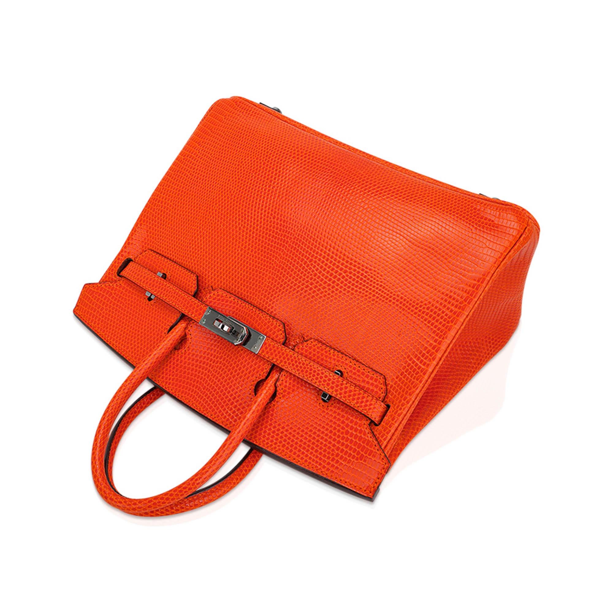Hermes Birkin 25 Orange Tangerine Lizard Limited Edition Bag Ruthenium Hardware For Sale 3