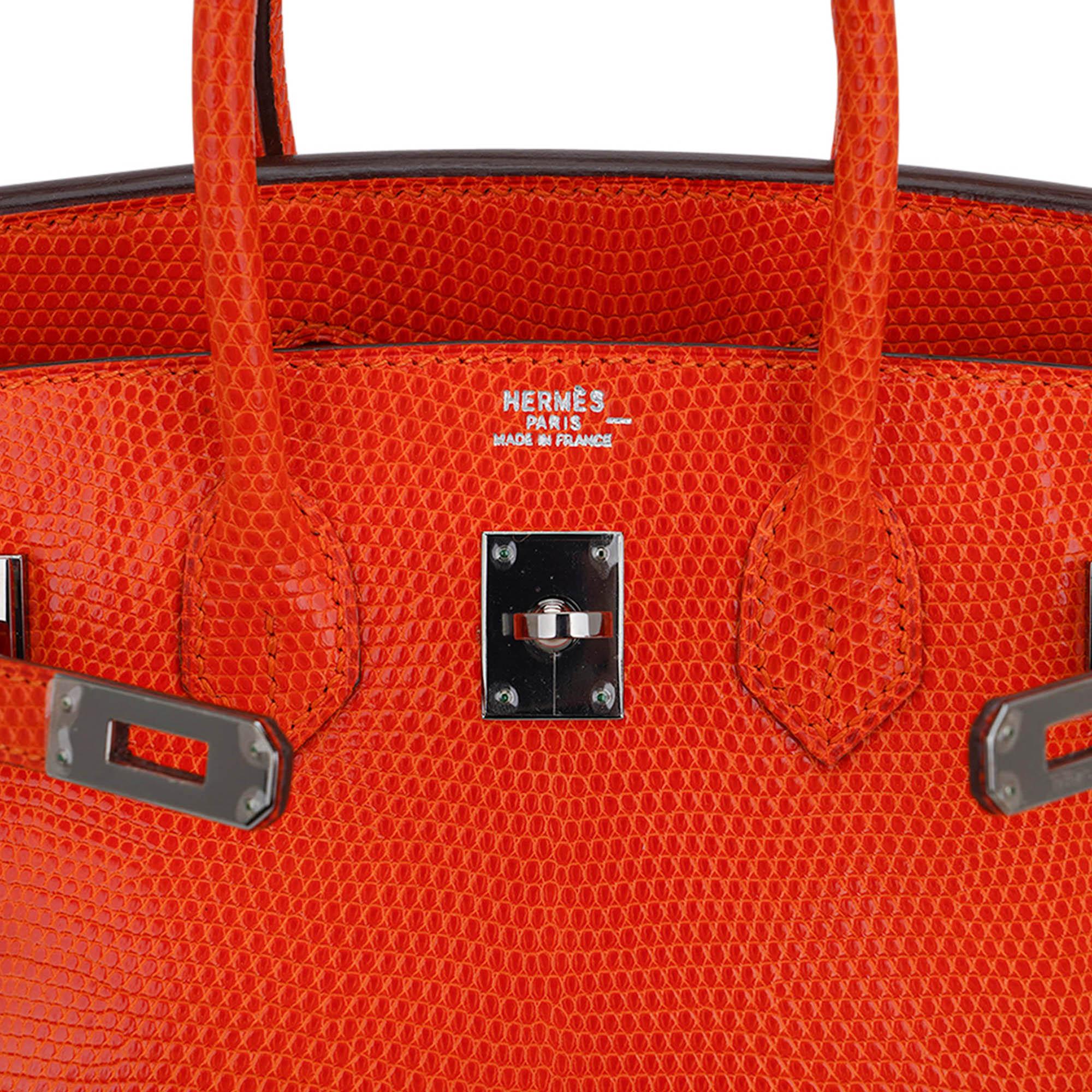Hermes Birkin 25 Orange Tangerine Lizard Limited Edition Bag Ruthenium Hardware For Sale 5