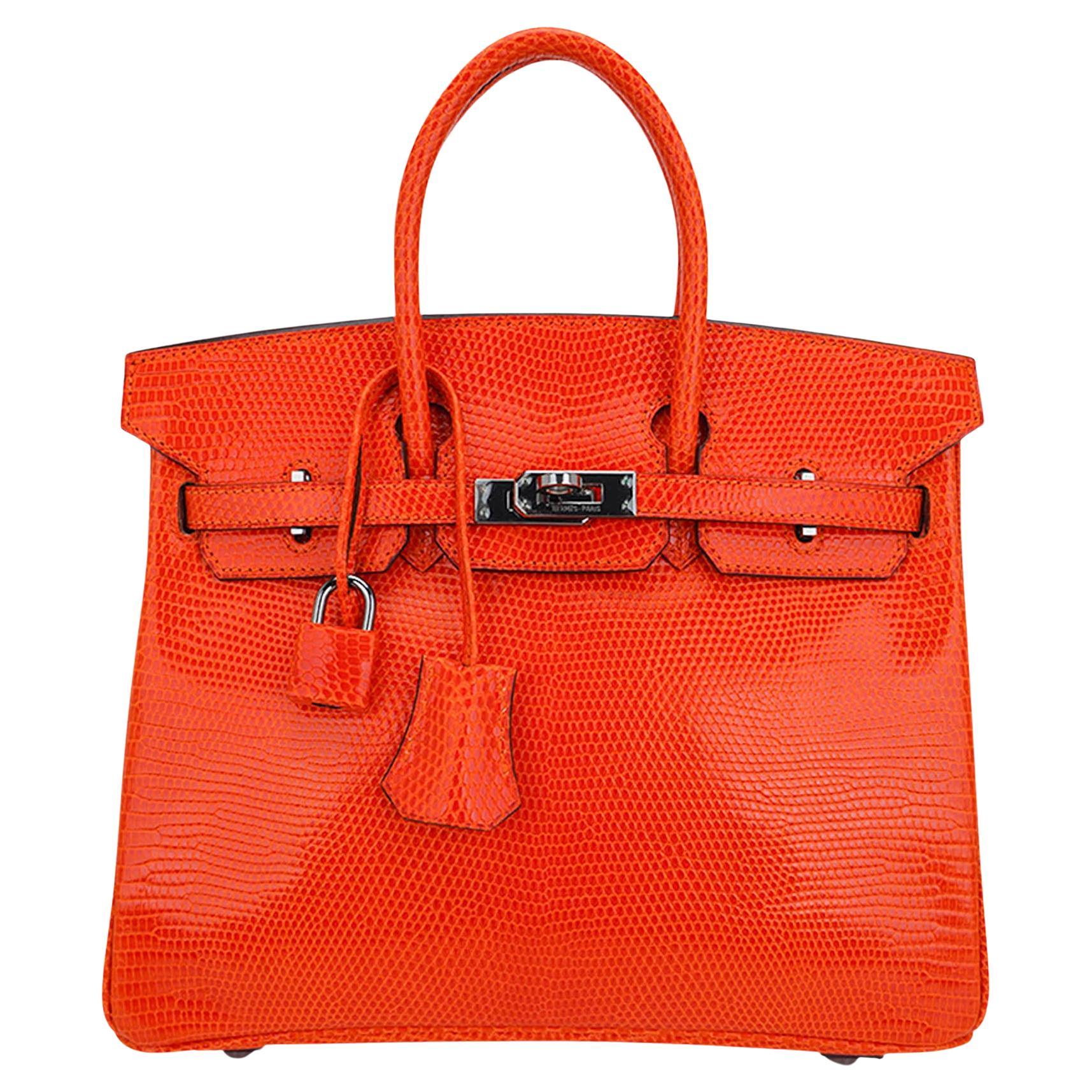 Hermes Birkin 25 Orange Tangerine Lizard Limited Edition Bag Ruthenium Hardware For Sale