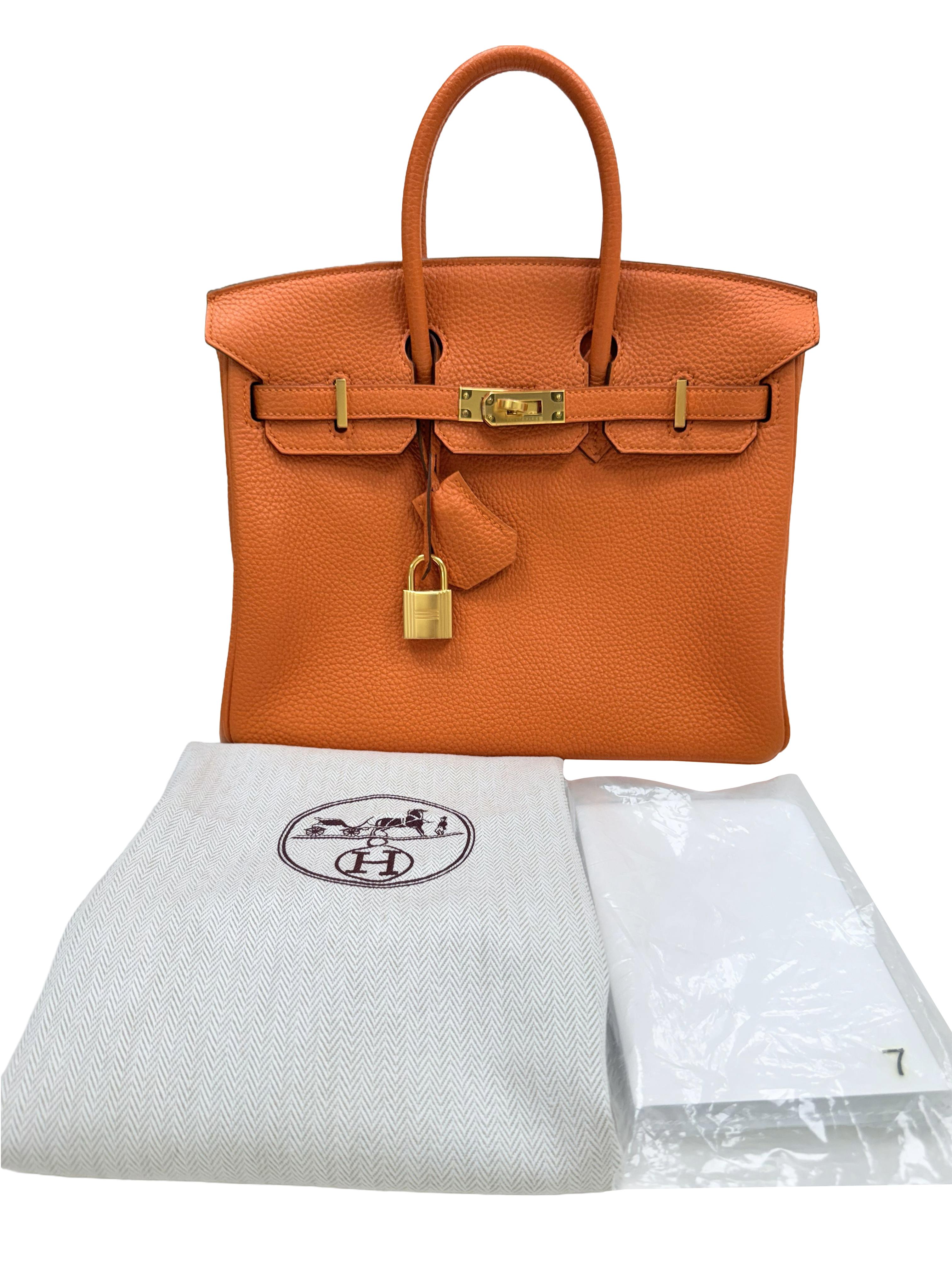 Ce Birkin d'Hermès est en cuir togo orange avec des accessoires dorés. Il présente des coutures tonales, un rabat avant, deux sangles avec fermeture centrale, une clochette avec serrure et deux clés, ainsi que deux anses roulées. L'intérieur est