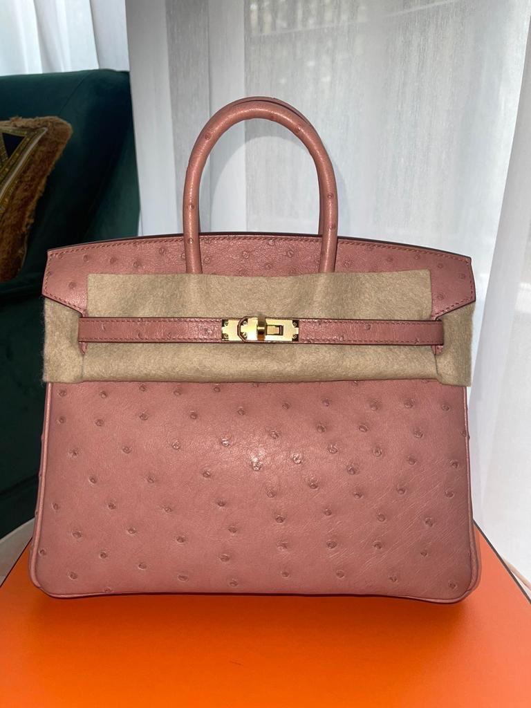 Hermès Birkin 25cm bag in Terre Cuite colour 
In Ostrich Leather with Gold Hardware.
B Stamp / 2023.
Accompanied by: Original receipt, Hermes box, Hermes dust bag, clochette, felt, lock, two keys, clochette dustbag, rain coat, care book and