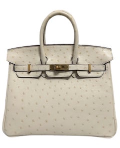 Hermes Birkin 25 Ostrich Nata White Beige Leather Gold Hardware