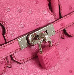 HERMES Birkin 25 Pink Ostrich Exotic Skin Palladium Top Handle Tote Bag