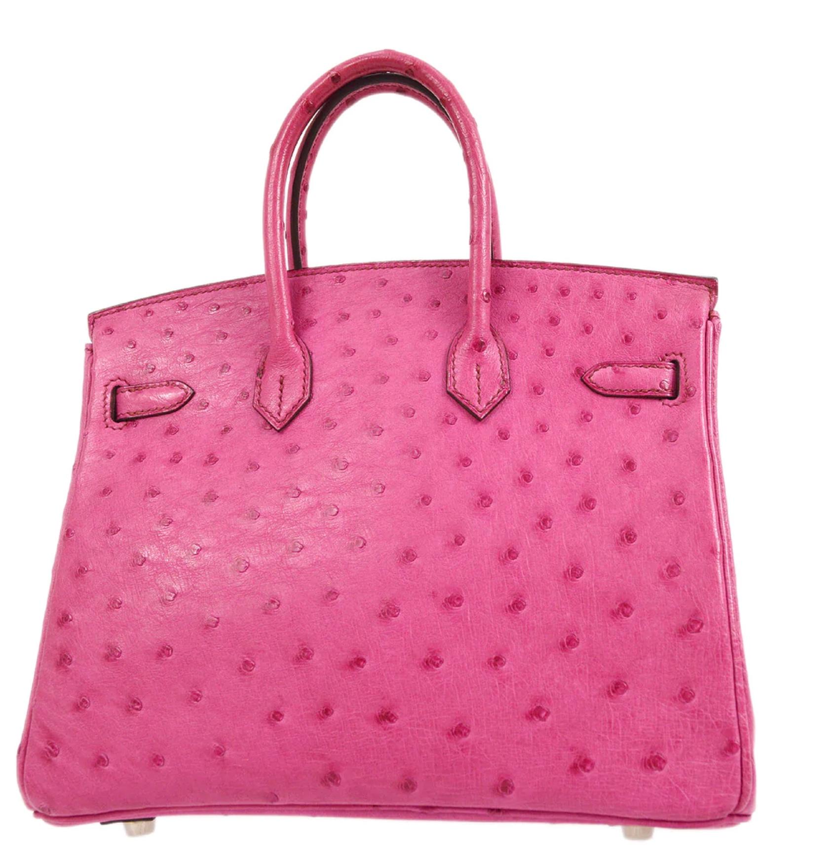 HERMES Birkin 25 Pink Ostrich Exotic Skin Palladium Top Handle Tote Bag In Good Condition In Chicago, IL