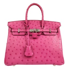 Hermès - Sac fourre-tout Birkin 25 en peau d'autruche exotique rose avec poignée supérieure en palladium