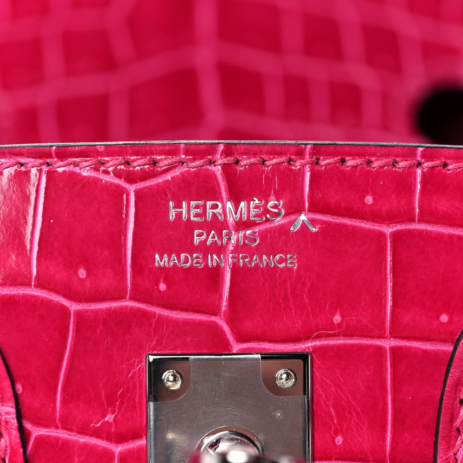 HERMES Birkin 25 Pink Rose Shiny Crocodile Exotic Palladium Top Handle Bag 1