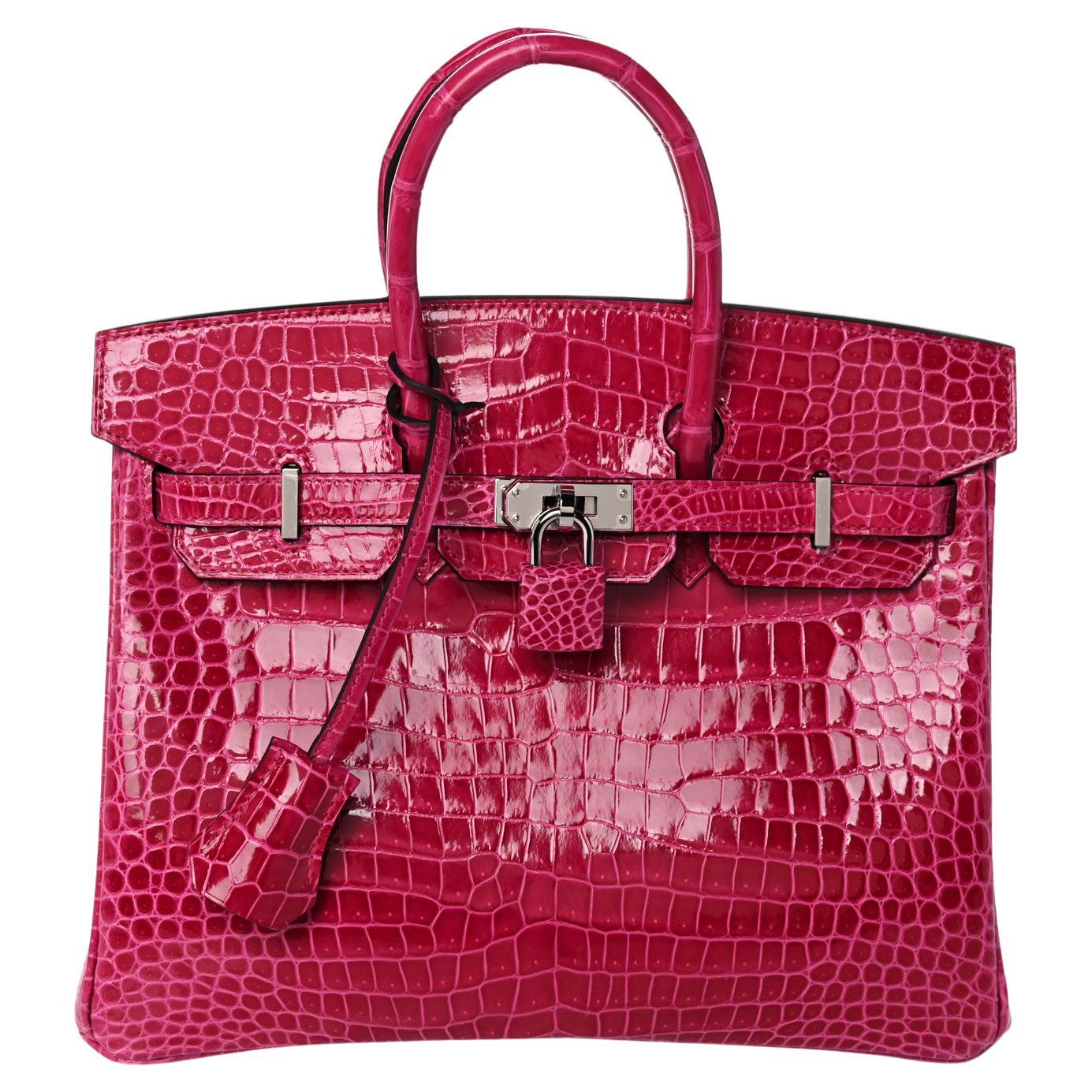 HERMES Birkin 25 Pink Rose Shiny Crocodile Exotic Palladium Top Handle Bag
