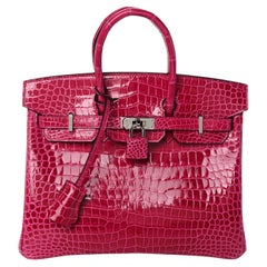 HERMES Birkin 25 Pink Rose Shiny Crocodile Exotic Palladium Top Handle Bag