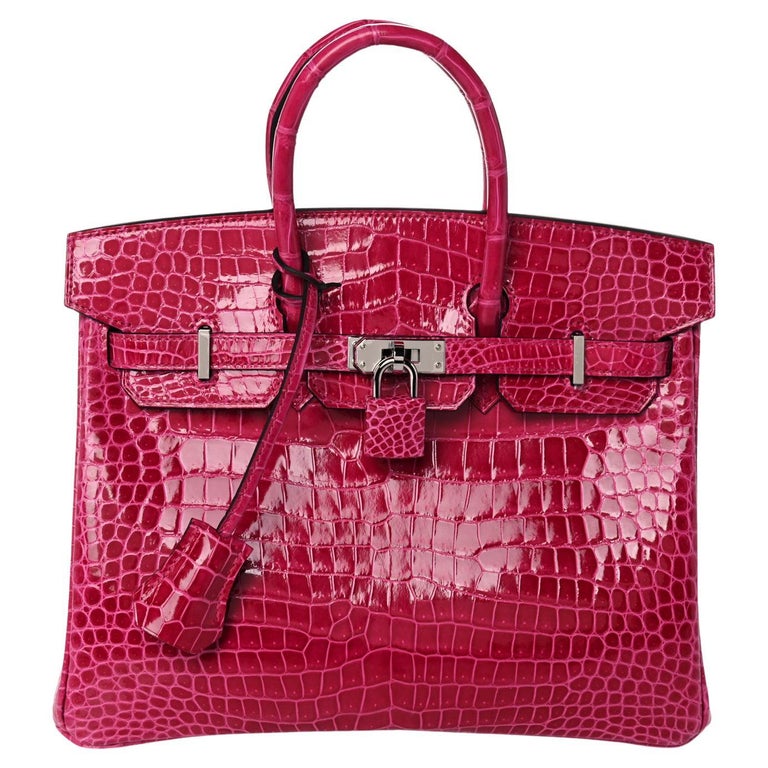 Hermès - Sac à main Birkin 25 rose rose brillant en crocodile exotique avec poignée supérieure en palladium