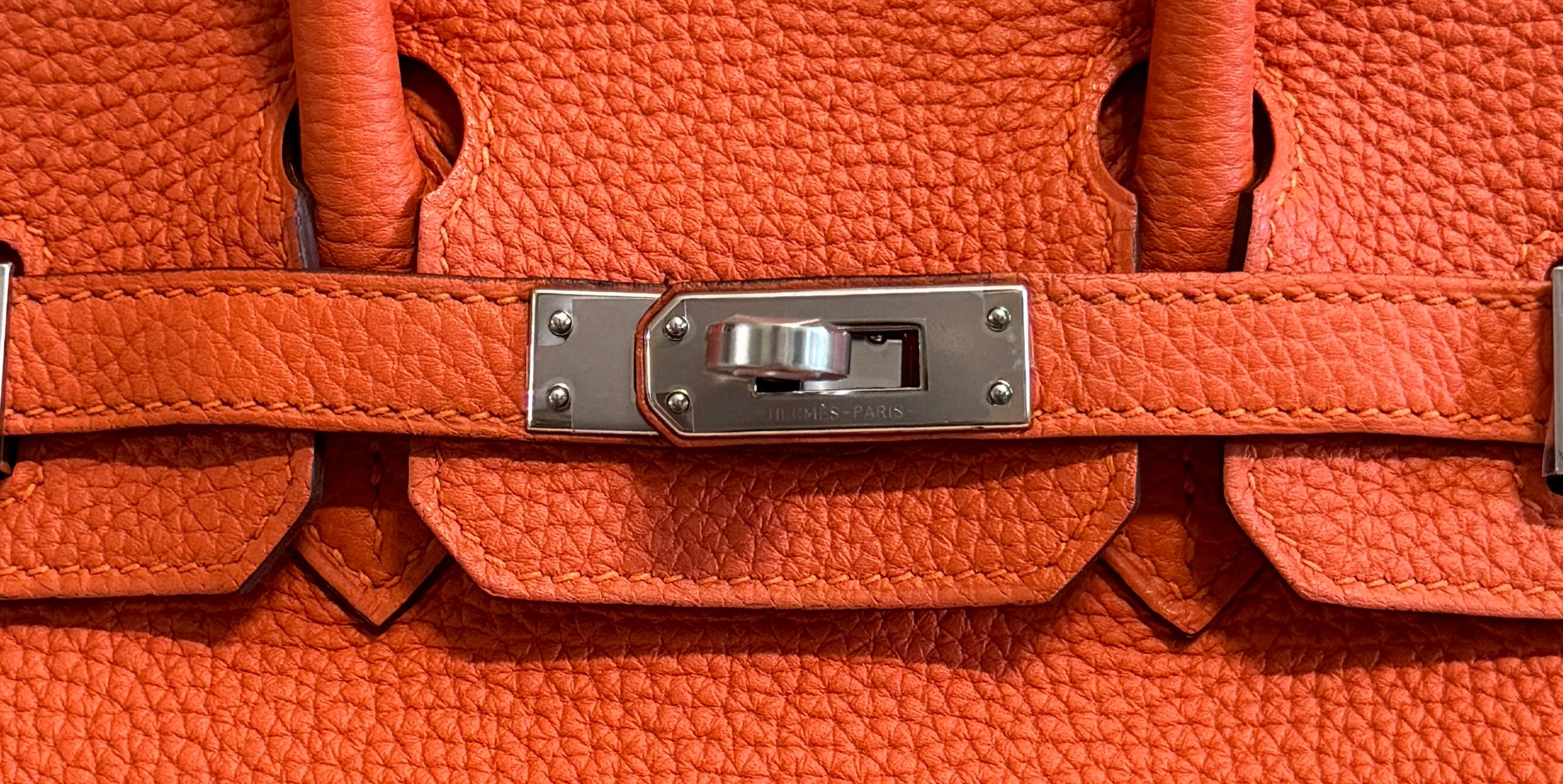 Women's or Men's Hermes Birkin 25 Poppy Orange Togo Handbag Bag Palladium Hardware For Sale