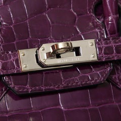 Hermes Birkin 25 Purple Crocodile Exotic Leather Top Handle Satchel Tote Bag