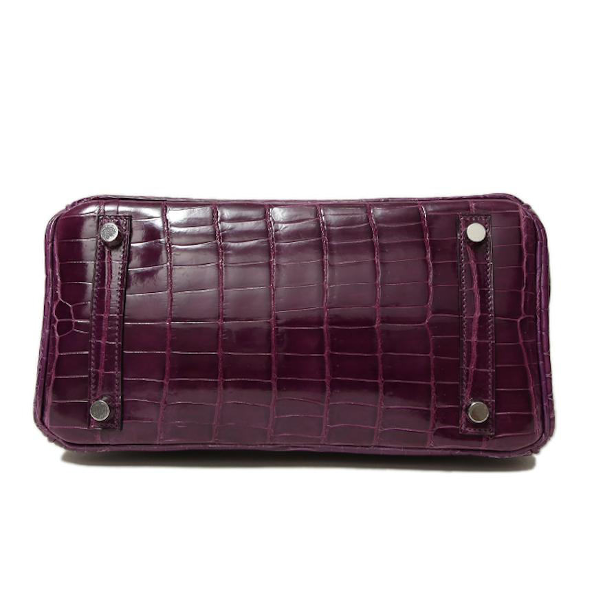 Black Hermes Birkin 25 Purple Crocodile Exotic Leather Top Handle Satchel Tote Bag