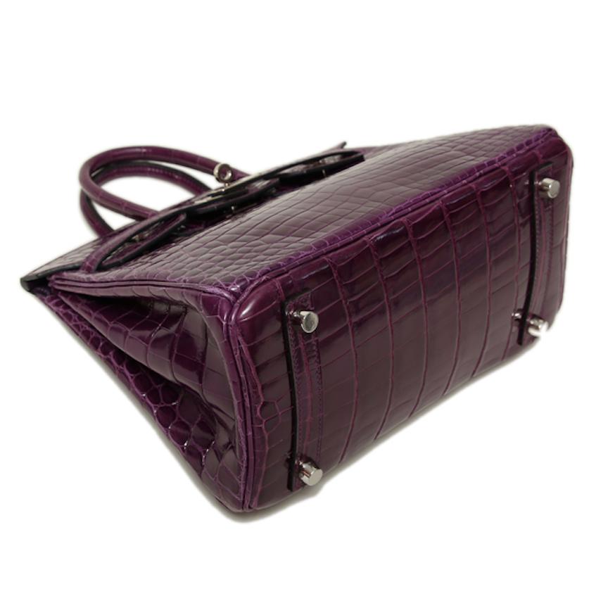Women's Hermes Birkin 25 Purple Crocodile Exotic Leather Top Handle Satchel Tote Bag