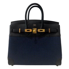 Hermes Birkin 25 Quadrille Schwarz Noir Leder Blau Egee Toile Top Handle Bag