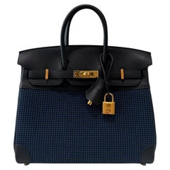 Hermes Birkin 25 Quadrille Schwarz Noir Leder Blau Egee Toile Top Handle Bag