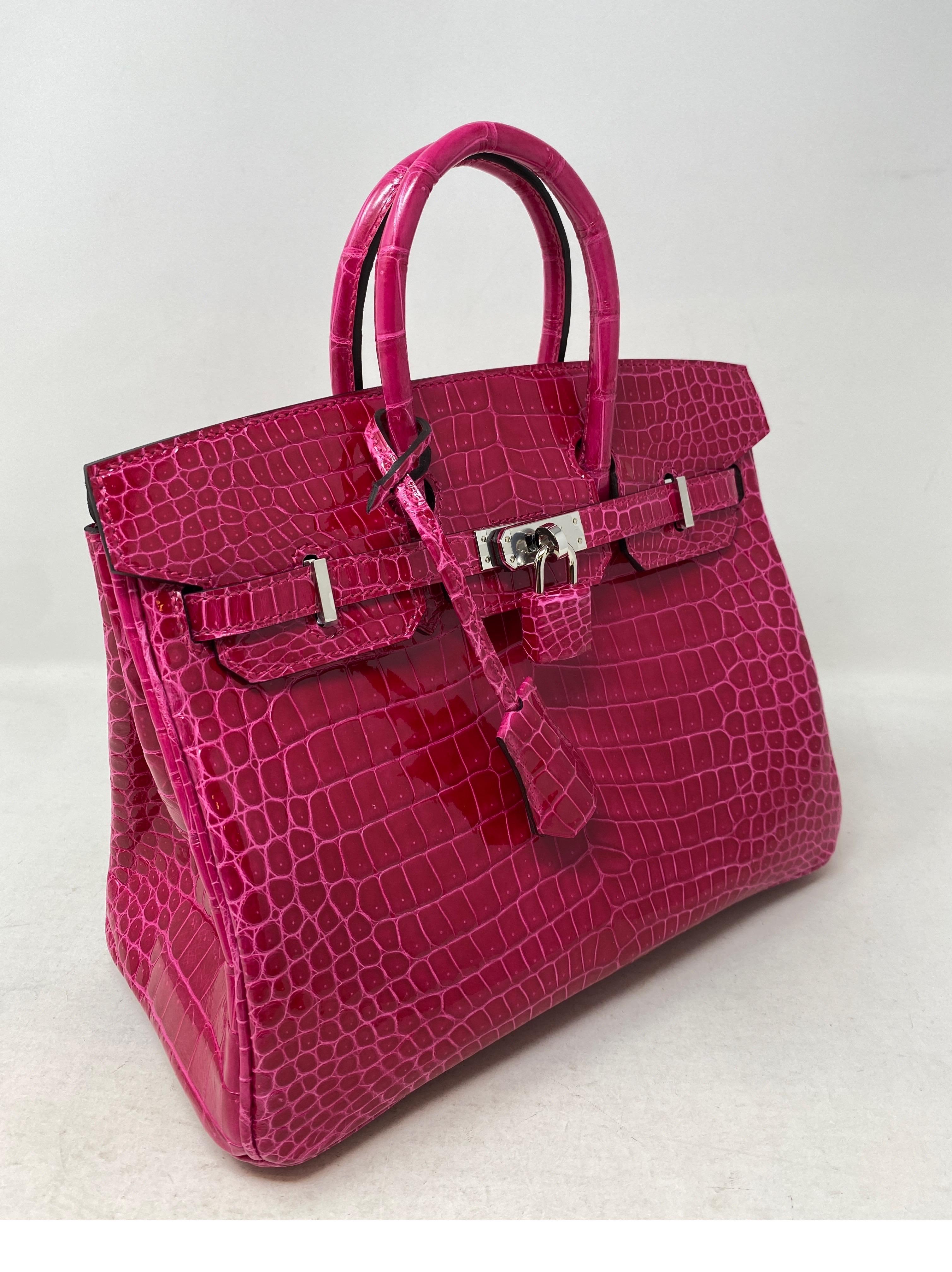 Hermes Birkin 25 Rose Mexico Shiny Alligator Bag. Brand new 2022 with receipt and Cites certificate. Extremely rare and highly coveted size 25 Birkin in exotic alligator. Stunning pink Rose Mexico color with palladium hardware. A great investment