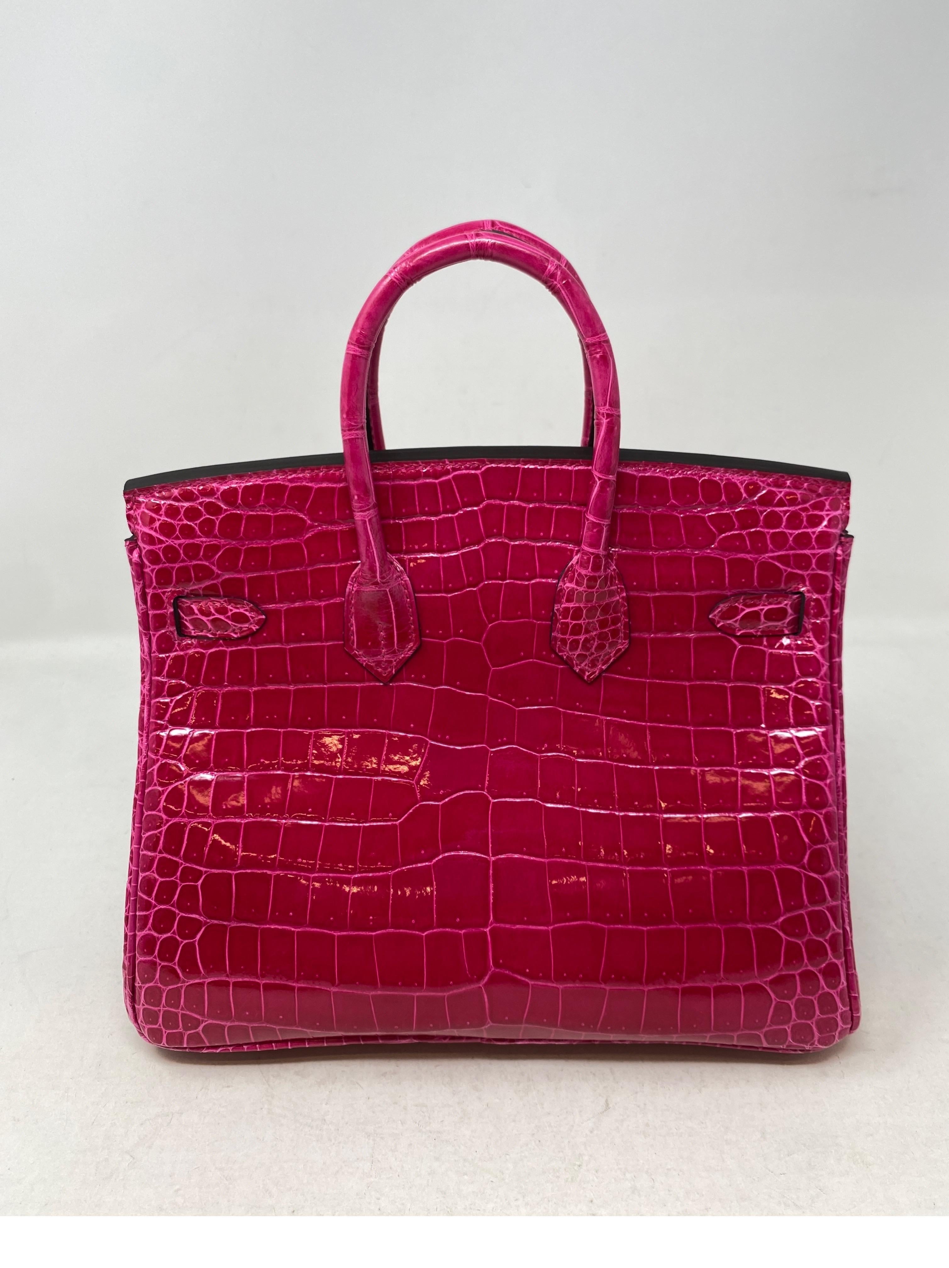 Red Hermes Birkin 25 Rose Mexico Shiny Alligator Bag 