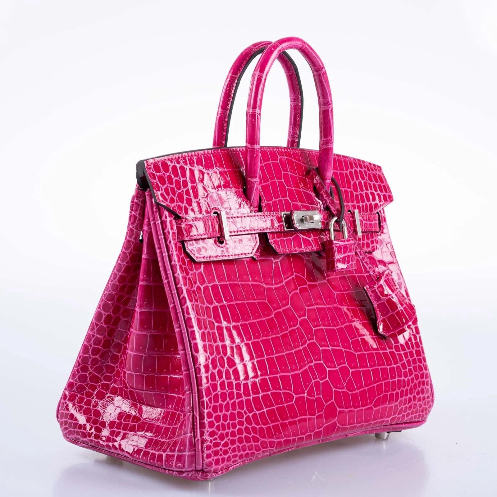 Hermès Birkin 25 Rose Mexico Shiny Porosus Crocodile Palladium Hardware For Sale 2