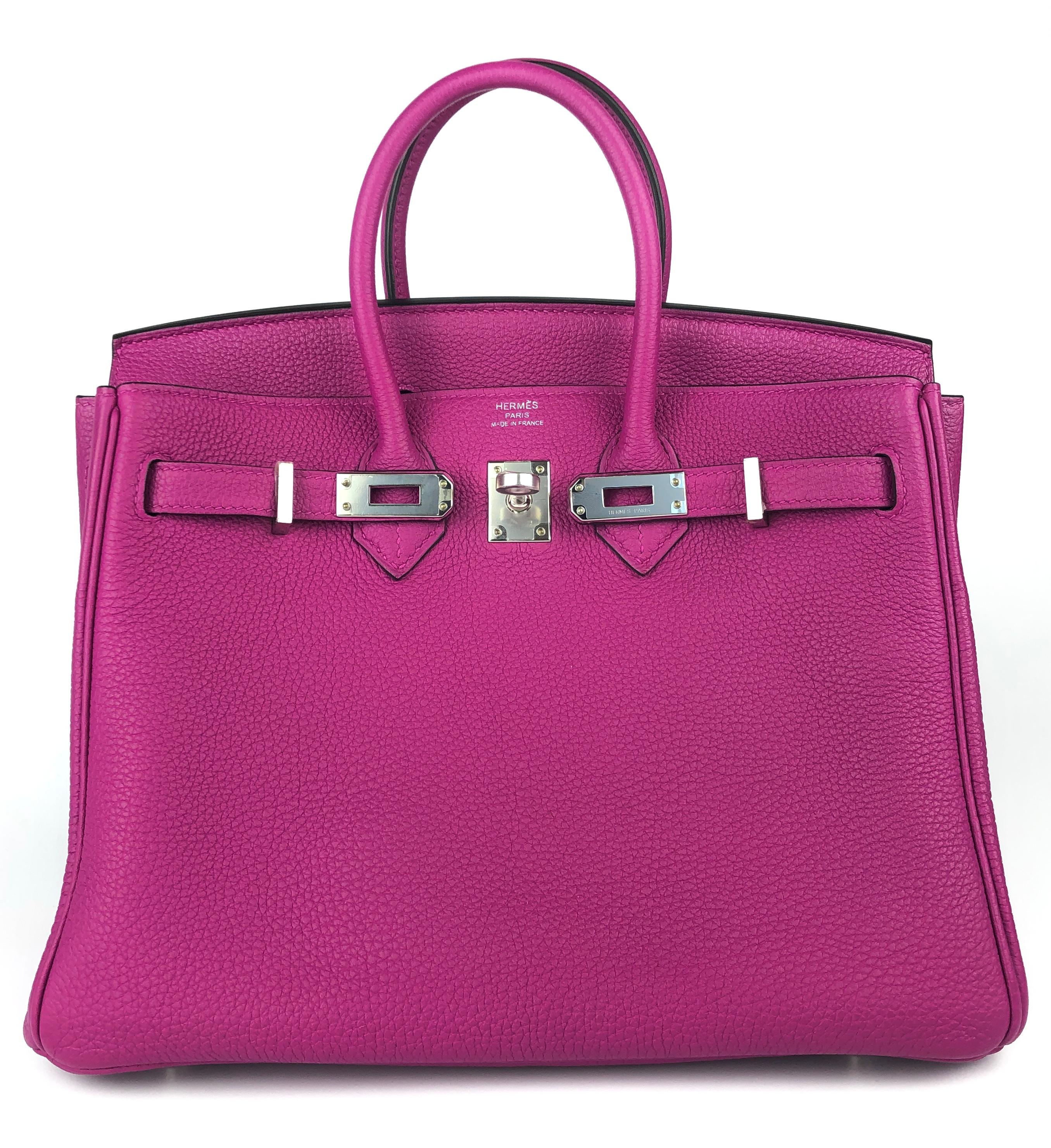 Absolutely Stunning and One The Most Coveted and Difficult to get Hermes Combos! Rare As New Hermes Birkin 25 Rose Pourpre Togo Leather Palladium Hardware. As New with Plastic on all Hardware. 2020 Y Stamp.

Shop With Confidence from Lux Addicts.