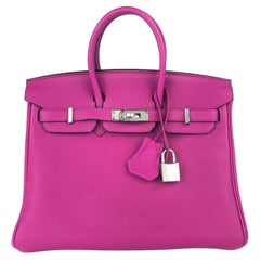 Used Hermes Birkin 25 Rose Pourpre Pink Purple Togo Handbag Palladium Hardware NEW