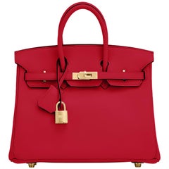 Used Hermes Birkin 25 Rouge Piment Red Bag Gold Jewel Y Stamp, 2020