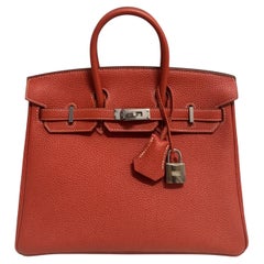 Hermes Birkin 25 Sanguine Orange Togo Leather Palladium Hardware Top Handle Bag