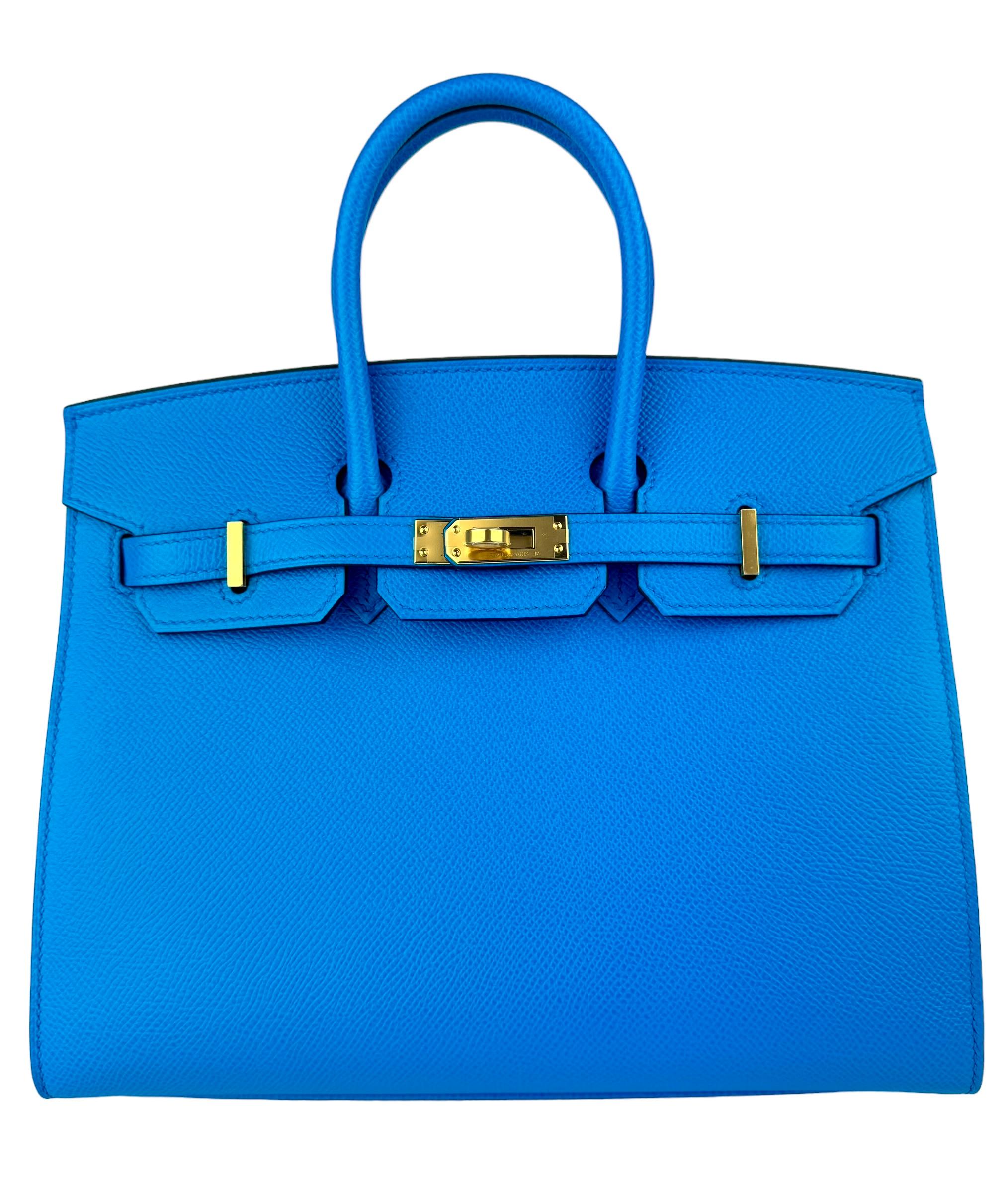 Absolutely Stunning and One The Most Coveted and Difficult to get Hermes Combos! As New Hermes Birkin 25 Sellier Blue Frida Epsom  Leather complimented by Gold Hardware. As New Plastic on all Hardware and Feet. Y Stamp 2020. Includes all Accessories