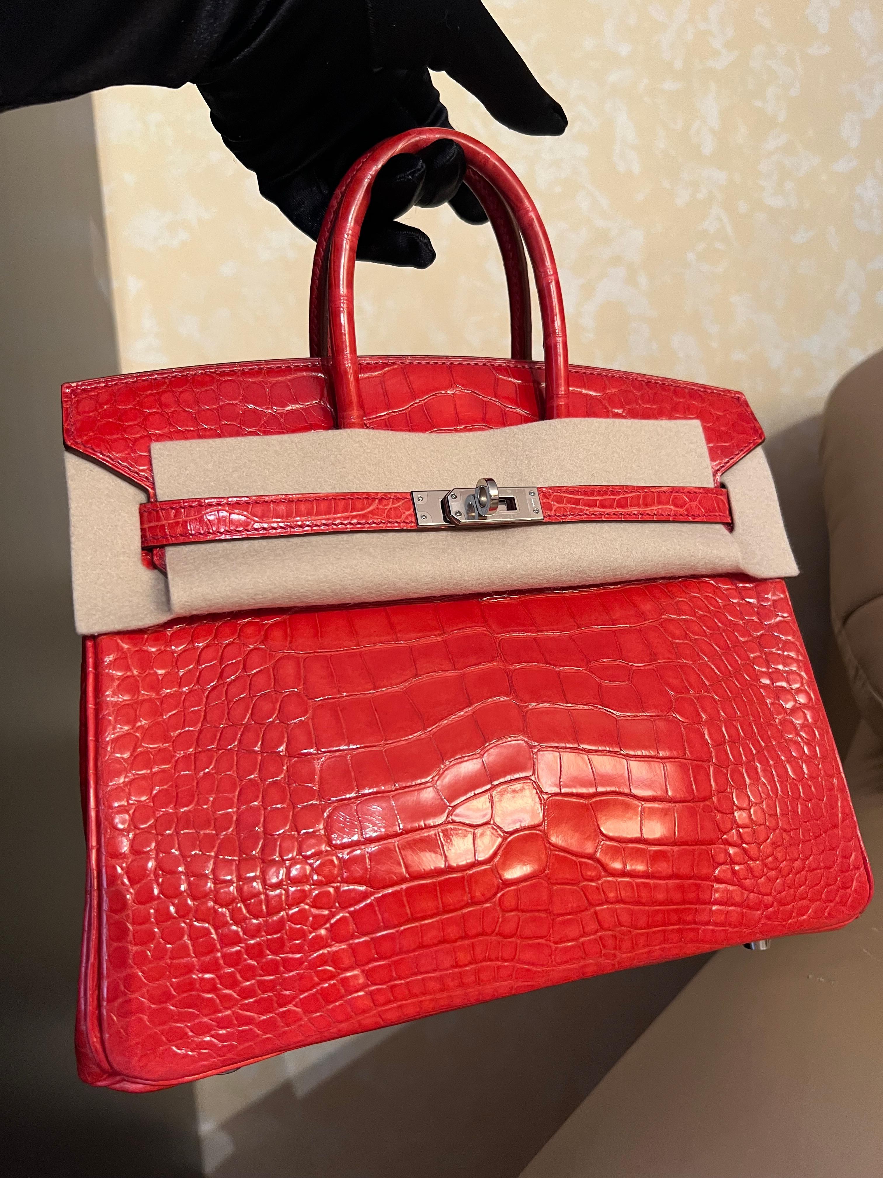 Hermes Birkin 25 shiny Bougainvillea alligator bag PHW For Sale 5